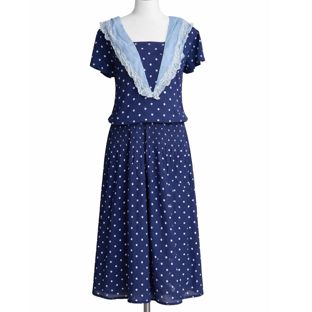 Vtg Moonglow Dress Navy White Polka Dot Lace Collar Prairie Nautical Midi M 80s